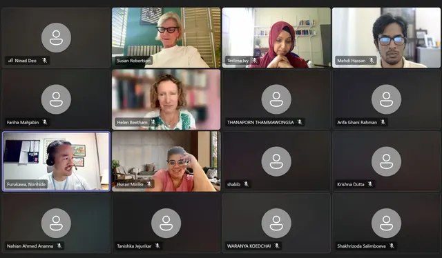A video call grid of sixteen participants joining from different places