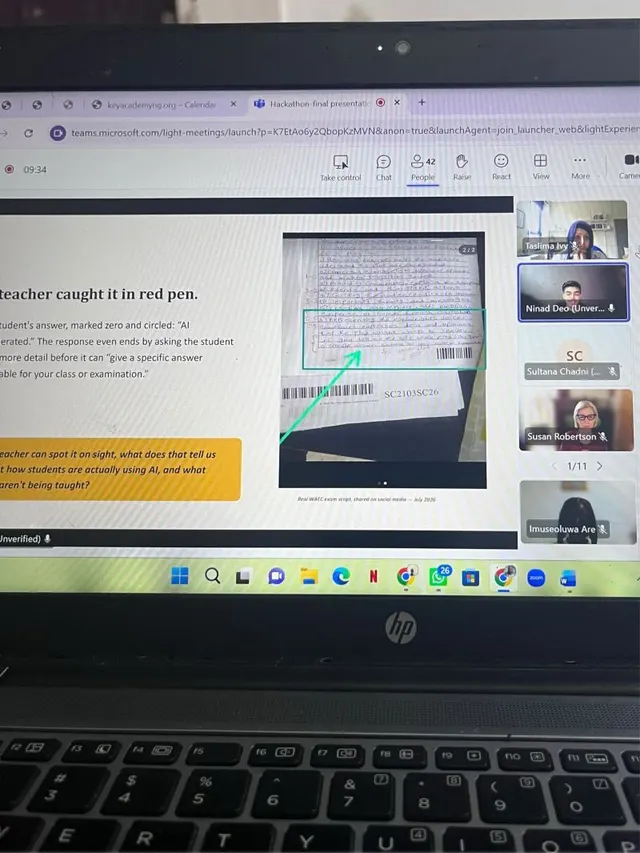A laptop showing a video call with a slide about how a teacher spotted AI-generated answers